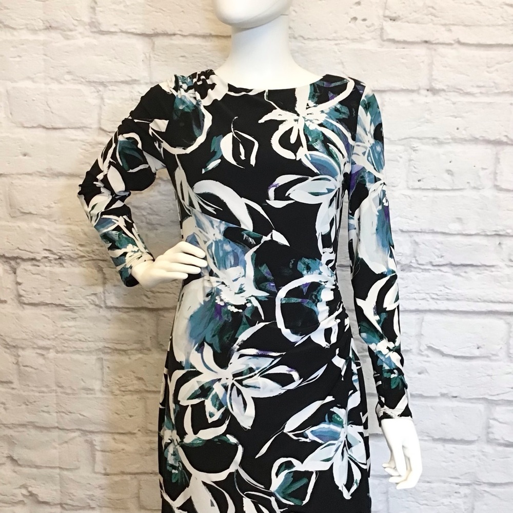 Ralph Lauren 8 LRL Stretchy Ruched Black Floral Long Sleeve Dress Knee Length - Picture 3 of 13